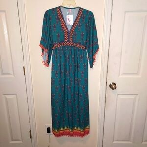 Y.DUO Green floral Boho dress with pom pom Sz-L